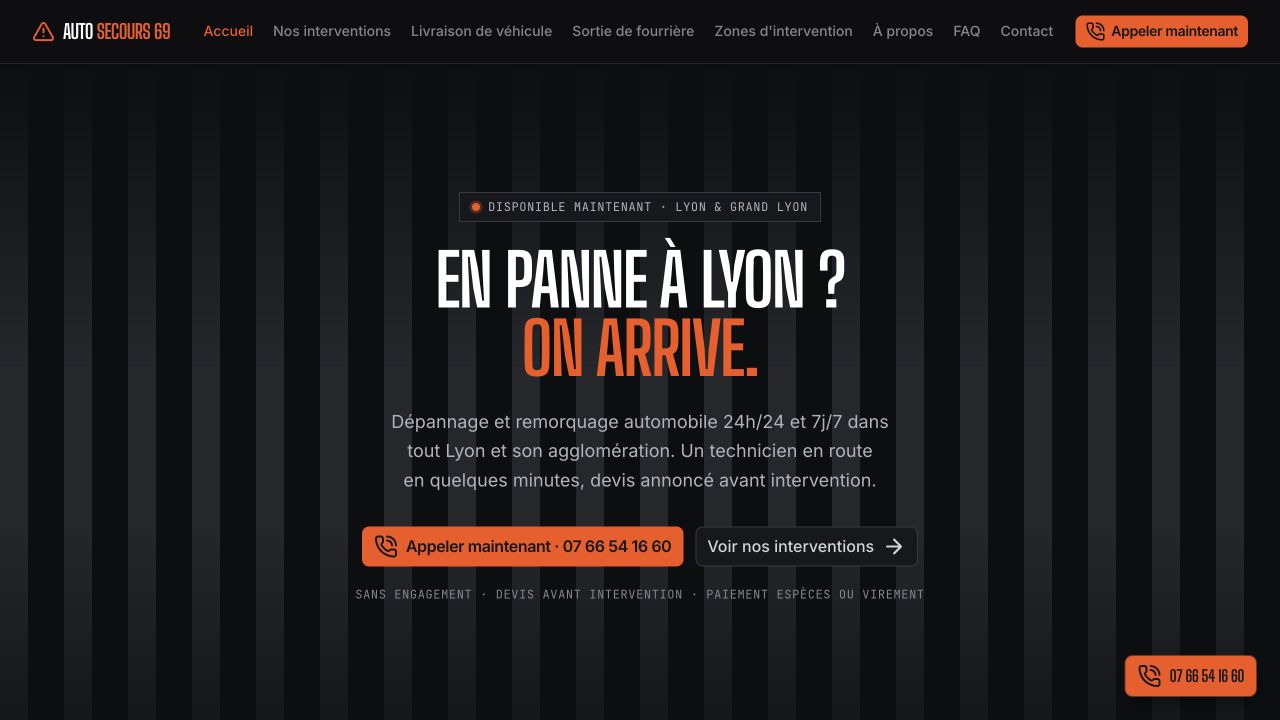 Capture du site de Auto Secours 69 — Lyon Dépannage Auto