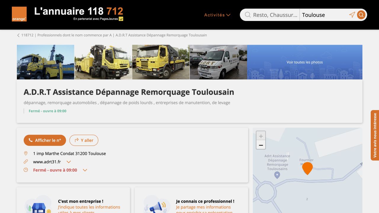 Capture du profil professionnel hébergé de ADRT — Assistance Dépannage Remorquage Toulousains