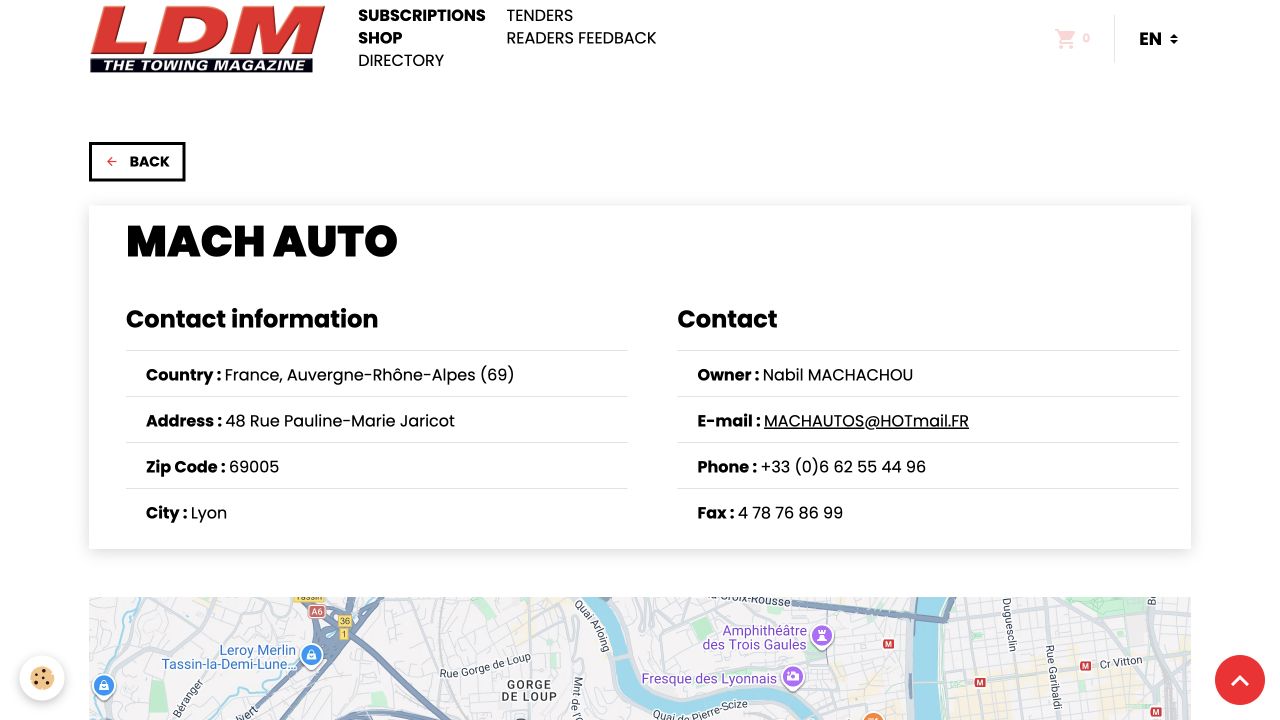 Capture du profil professionnel hébergé de Mach Auto