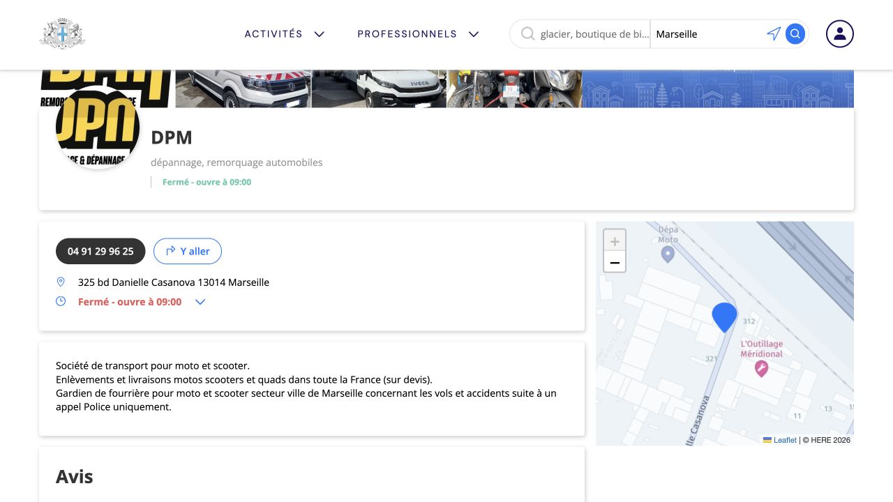 Capture du profil professionnel hébergé de DPM — Dépa Moto Marseille